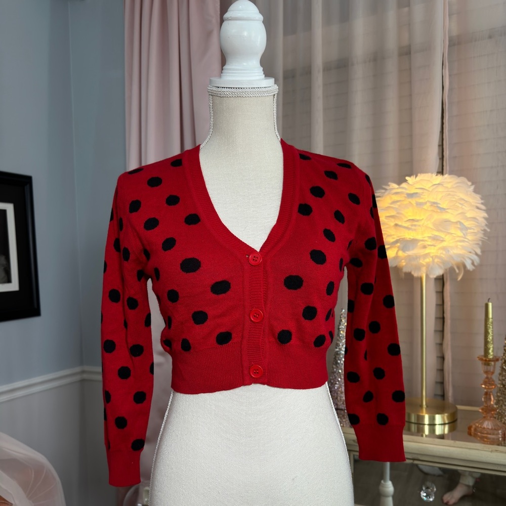 Red and black Polka Dot cardigan sweater